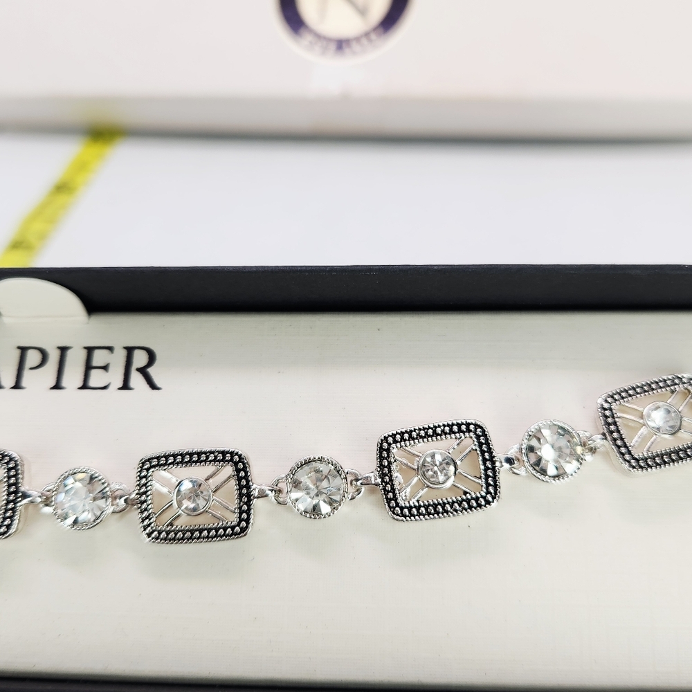 Vtg Napier Link Bracelet Silver Tone Faux Diamonds Signed Art Deco Panel NIB - Picture 3 of 6